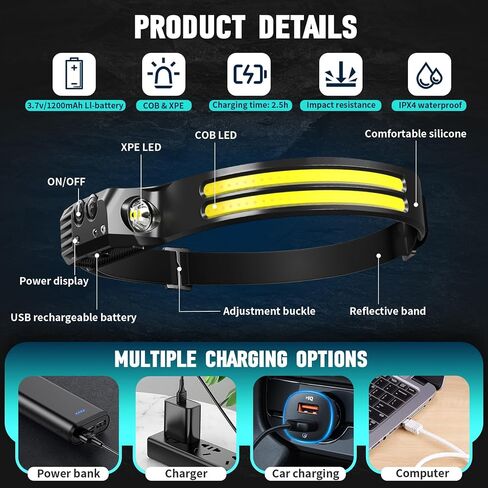 Rechargeable Headlamp 8 Pack, LED Headlight Flashlight Super Bright with 230° Wide Beam, Motion Sensor, 5 Modes Waterproof Head Lamp for Outdoor Hiking Running Camping in Kuwait