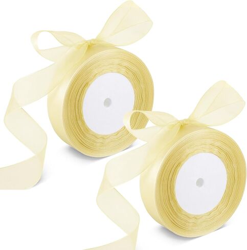Light Yellow Organza Sheer Ribbon 2 Rolls 50 Yards 1 Inch Shimmer Sheer Organza Ribbon Tulle Chiffon Fabric Ribbons for Gift Wrapping Wedding Bouquet Crafts Bowknot Gift Hair Decoration in Saudi Arabia