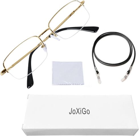 Half Frame Reading Glasses for Men Women Metal Rectangular Frame Spring Hinge + Glasses Strap in Kuwait