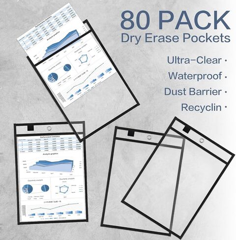 50 Pack Job Ticket Holders, Black 14 x 10 Inch Reusable Dry Erase Pocket with Strap Work Order Plastic Sleeves Shop Ticket Dry Erase Sheet Protectors for Teacher Classroom Office in Kuwait