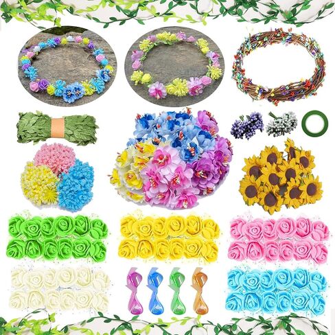 WUBOMJIO Flower Crowns Craft Kit, Make Your Own 12 PCs Flower Crowns Garland Handmade Arts and Crafts for Kids, DIY Fairy Flower Headbands and Bracelets,Hair Accessories Gift for Girls/Teens/Women in Saudi Arabia