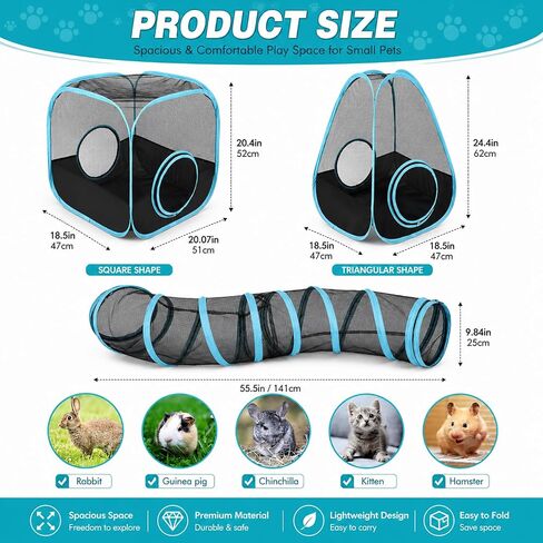 Guinea Pig Playpen with Tunnel, Breathable & Transparent Rabbit Playpen Pop Open Tent with Tube for Dwarf Rabbits,Ferret, Small Animal Playpens Bunny Tunnels Exercise Play Indoor or Outdoor in Kuwait