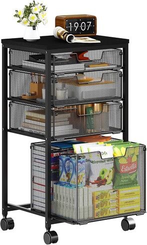 Rolling Storage Cart with Drawers, Utility Cart with Wooden Tabletop and Lockable Wheels Multifunctional Storage Organizer Craft Cart for Classroom, Bedroom, Bathroom, Office, Black in Kuwait