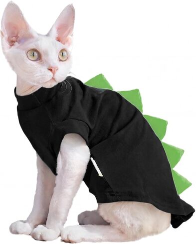 QBLEEV Sphynx Cat Clothes, Dinosaur Design Cat Shirts for Cats Only, Hairless Cat Sweater, Breathable Cat Daily Wear Clothes for Devon Rex Cats Summer, Kitten Costume T-Shirts with Sleeves for Cats in Kuwait