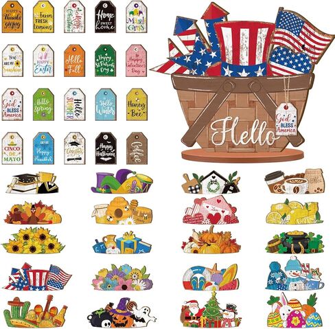 Anglechic 42 قطعة سلة زهور صغيرة قابلة للتبديل، علامة موسمية للعطلات، مجموعة ديكور صينية للعطلات، خشب ريفي قابل للاستبدال، DIY معلق على شكل قطرة مكتب منزلي، زخرفة ترحيبية، هدايا عيد ميلاد شتوية in Kuwait