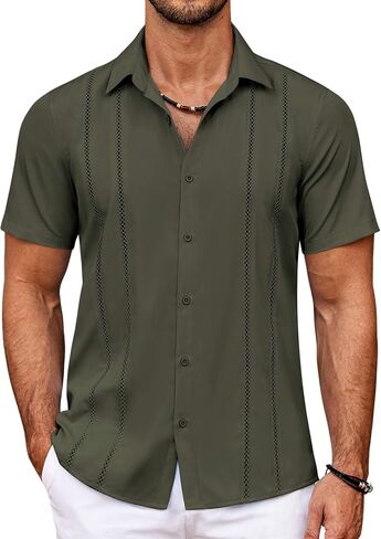 قميص COOFANDY الرجالي الكوبي Guayabera بأكمام قصيرة وأزرار للأسفل قمصان الصيف للشاطئ قميص غير رسمي لقضاء العطلات ملابس المنتجعات in Kuwait