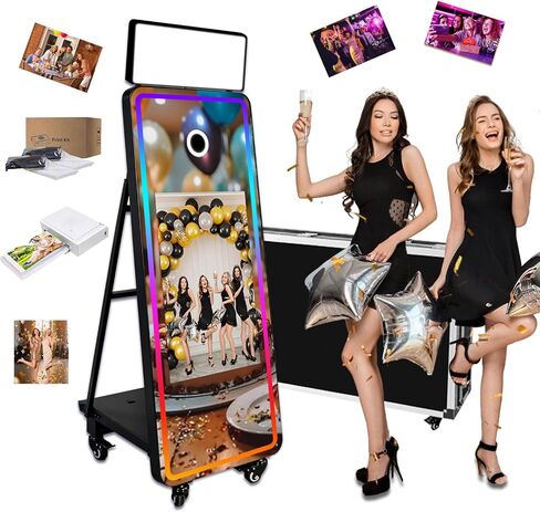60 '' Mirror Photo Booth ، 32 '' شاشة تعمل باللمس التفاعلية مع ضوء مربع وضوء RGB ، كمبيوتر صغير مدمج ، كشك صور Magic Mirror للأحداث (أبيض ، 60 بوصة (32''screen)+كاميرا+طابعة مصغرة) in Kuwait
