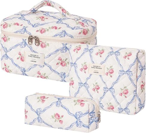 LAKSMI Women Makeup Bag, Quilted Makeup Bag,Large Floral Cosmetic Bag,Cotton Makeup Bag Set,Flower Travel Toiletry Bag in Kuwait