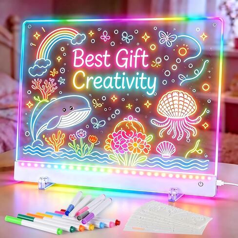 لوحة الملاحظة LED مع 12 لون علامة ، 13.8 "× 10.3" لوحة الرسم الجافة المحو الجاف للأطفال والكبار ، 5 أوضاع الإضاءة ، لوحة كتابة الرسائل الأكريليك لعلامة النيون ، لوحة القائمة ، المكتب in Kuwait