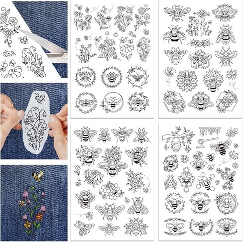 GLOBLELAND 4 Sheets Flower and Bees Pattern Water Soluble Embroidery Hand Sewing Stabilizers for Fabric Stitch Practice Embroidery Stickers Wash Away Stabilizers for Embroidery Beginners Lovers in Kuwait