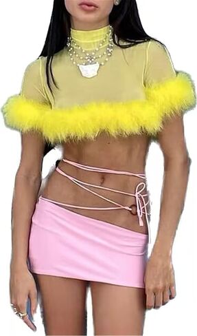 FURINFASHION GR-11 2023 New Arrivals Sexy Mesh Top For Women With Real Fox Fur Furry Hem And Cuffs Short Cropped T-Shirt Tops High Collar Short Sleeves See Through (L, Yellow) in Kuwait
