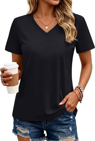 MAGCOMSEN Women's Cotton T Shirt V-Neck Short Sleeve Shirt Classic-Fit Casual Breathable Tee Summer Basic Tops in Kuwait