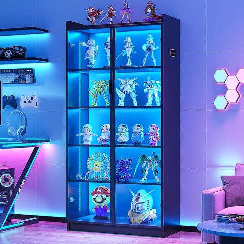 LVIFUR 65 "Display Cabinet with Lights ، 5 Tier Curio Cabinets Cookcase with Amples قابل للتعديل ، تخزين طويل القامة الصين مع تحريض جسم الإنسان لغرفة المعيشة (رمادي) in Kuwait
