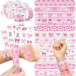 60 PCS Pink Coquette Bow Party Favors Set - 36 Temporary Tattoos Sticker & 24 Slap Bracelets for Kids, Perfect for Birthday Parties, Classroom Rewards and Gifts in Kuwait