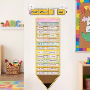 Pencil Theme Daily Schedule Classroom Calendar Pocket Chart Teaching Daily Schedule with 13+1 Pockets, 20 Reusable Dry Erase Cards, 52 Date Cards for Preschool Classroom Office Decor in Saudi Arabia