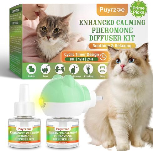 Cat Calming Diffuser with 3 Timing Functions, 6-in-1 Cat Pheromones Calming Diffuser Kit, 120-Day Anxiety Relief, Stress Reduction & Relaxation for All Cats (2 Diffusers + 4 Refills) in Kuwait