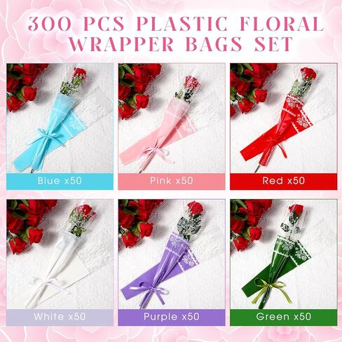 Chiisong 300 PCS أحكام زهرة واحدة أحبك عيد الحب مرة واحدة الوردة الأكمام البلاستيكية تغليف تغليف الأزهار المقاومة للماء مع 6 شريط لزهور باقة لوازم in Kuwait
