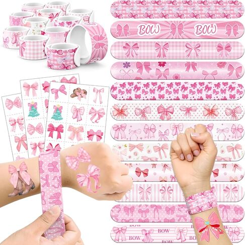 60 PCS Pink Coquette Bow Party Favors Set - 36 Temporary Tattoos Sticker & 24 Slap Bracelets for Kids, Perfect for Birthday Parties, Classroom Rewards and Gifts in Kuwait