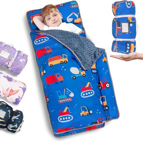 Primlect Thick Toddler Nap Mat with Removable Pillow and Minky Blanket, 45" x 35" Sleeping Bag, Fits Kids 24–36 inch, Washable, Portable for Daycare, Boys and Girls in Kuwait