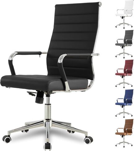 Okeysen Genuine Leather Office Chair, Mid-Century Modern Real Leather Conference Room Chairs, Ergonomic Executive Ribbed Height Adjustable Swivel Rolling Desk Chair for Home Office. in Kuwait