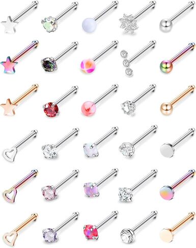 MILACOLATO 30Pcs Hypoallergenic Nose Rings Studs 316L Stainless Steel Nose Piercings Jewelry Straight L Shaped Corkscrew Nose Ring Studs Cubic Zirconia Opal Nose Studs for Women Men 18G 20G in Saudi Arabia