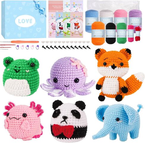 Crochet Kit for Beginners, Make 3 Amigurumi Crochet Animals with Step-by-Step Video Tutorials, Complete Starter Kit for Adults, Kids and Teens, Perfect DIY Craft Gift to Learn Crocheting in Kuwait