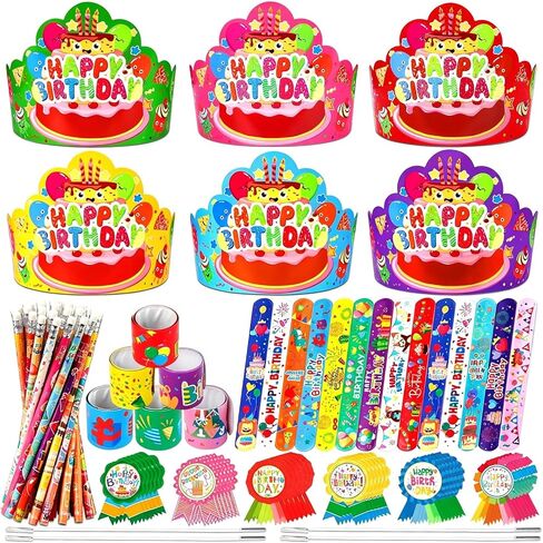 144 PCS Birthday Crowns for Kids Classroom Include 36 Colorful Birthday Paper Hats with Elastic Band 36 Badge Stickers 36 Slap Bracelets and 36 pencils for Classroom School Party Supplies in Kuwait