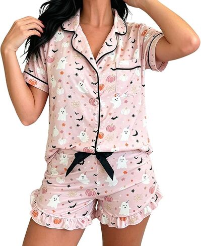 Halloween Women Print Pajama Sets Button Down V-neck Short Sleeve Top Elastic Waist Ruffle Trim Shorts Sleepwear in Kuwait