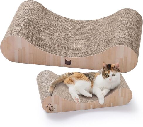 Necoichi Cardboard Cat Scratcher Bed for Indoor Cats - Cat Scratching Board, Horizontal Cat Scratch Pad Lounger with Reversible Usability and Extra Comfort for Lounge, Curved (18" Regular, Oak) in Kuwait