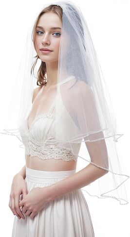 emondora 2T Short Sequin Pearl Edge Crystals Beaded Bling Wedding Bridal Veil in Kuwait