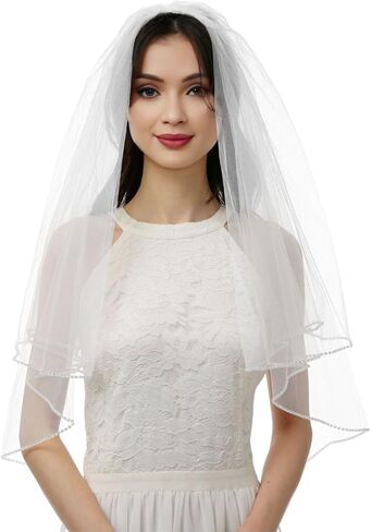 emondora 2T Short Sequin Pearl Edge Crystals Beaded Bling Wedding Bridal Veil in Kuwait