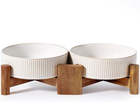 Getstar Ceramic Dog Bowls with Acacia Wood Stand, 30 fl oz, Set of 2, Dog Food Bowl in Kuwait