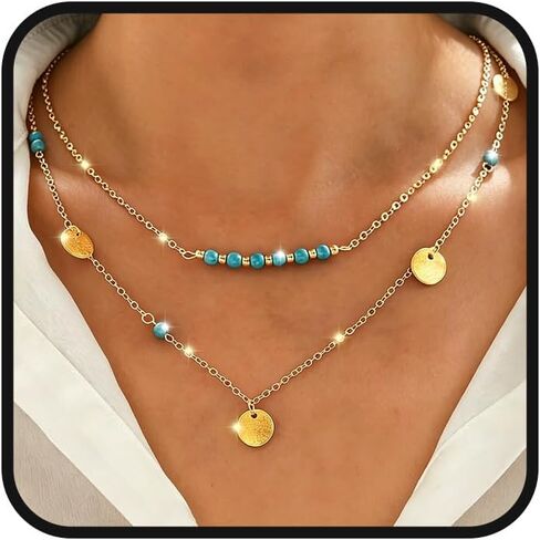 Tgirls Boho Turquoise Necklace Sequin Pendant Necklaces Layered Bead Necklace Chain Western Necklace Jewelry for Women in Kuwait