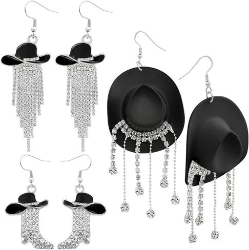 RechicGu 3 Pairs Western Cowgirl Cowboy Hat Earrings Set Silver Symmetric Boots Sparkly Rhinestone Tassels Drop Dangle Rural Culture Earrings Set For Women in Kuwait