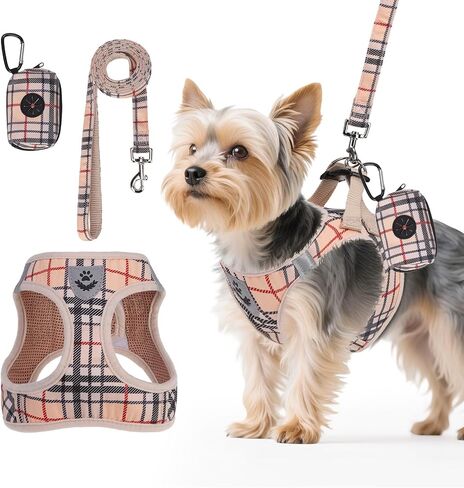 PAWCHIE Dog Harness and Leash Set, Step in No Pull Soft Pet Harness, Reflective Adjustable Puppy Vest for Small Medium Dogs Cats,No Choke Harness Vest with Poop Bag Holder for Walking,Running,Beige XS in Kuwait