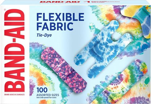 BAND-AID Brand Flexible Fabric Adhesive Bandages, Tie-Dye Designs, 100 Ct | Comfortable Protection, Sterile Wound Care for Minor Cuts, Scrapes & Burns, For First Aid Kits, Assorted Fun Colorful Designs in Kuwait