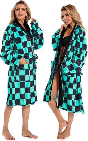 Gonriya Tanjiro Bathrobe Cosplay Robe Tanjiro Kamado Pajamas Sleepwear Coral Fleece in Kuwait