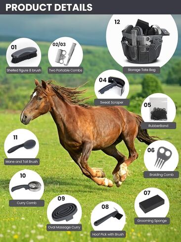 9 Pieces Horse Grooming Kit with Organizer Tote Bag, Horse Brushes for Grooming and Bathing, Professional Equine Coat Care Tack Room Supplies Set, Gift for Horse Lover in Saudi Arabia