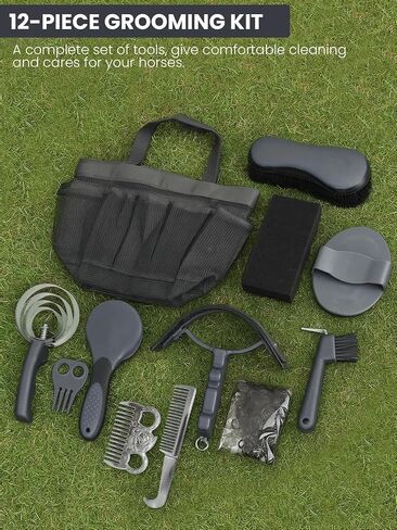 9 Pieces Horse Grooming Kit with Organizer Tote Bag, Horse Brushes for Grooming and Bathing, Professional Equine Coat Care Tack Room Supplies Set, Gift for Horse Lover in Saudi Arabia