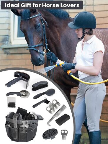 9 Pieces Horse Grooming Kit with Organizer Tote Bag, Horse Brushes for Grooming and Bathing, Professional Equine Coat Care Tack Room Supplies Set, Gift for Horse Lover in Saudi Arabia