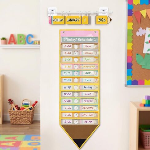 Pencil Theme Daily Schedule Classroom Calendar Pocket Chart Teaching Daily Schedule with 13+1 Pockets, 20 Reusable Dry Erase Cards, 52 Date Cards for Preschool Classroom Office Decor in Saudi Arabia