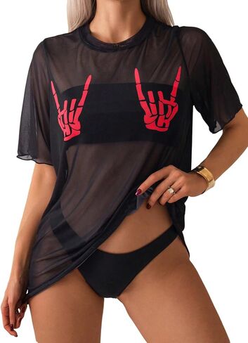 WDIRARA Women's Skeleton Sheer Mesh See Through Short Sleeve Swimsuit Cover Up Tops in Kuwait