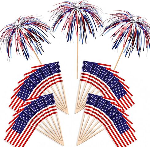 100Pcs American Flag Patriotic Cupcake Toppers, 4th of July Foil Firework Cupcake Toppers Tinsel Drink Cake Decoration Picks Independence Day Decorations Supplies Favor in Kuwait