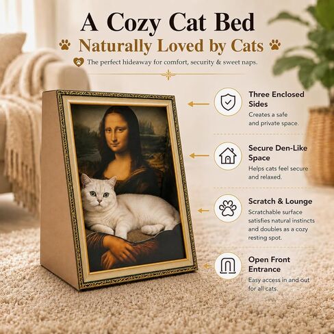 Mona Lisa Cat Scratcher Bed Home Decor 3-in-1 Pre-Assembled Frame Easy Setup 3D Kitten Cardboard House Horizontal Scratching Pad Cat Living in Famous Painting Gift for Your Beloved Pet in Kuwait