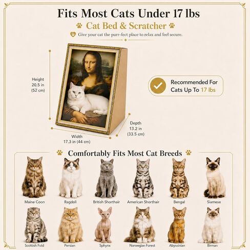 Mona Lisa Cat Scratcher Bed Home Decor 3-in-1 Pre-Assembled Frame Easy Setup 3D Kitten Cardboard House Horizontal Scratching Pad Cat Living in Famous Painting Gift for Your Beloved Pet in Kuwait