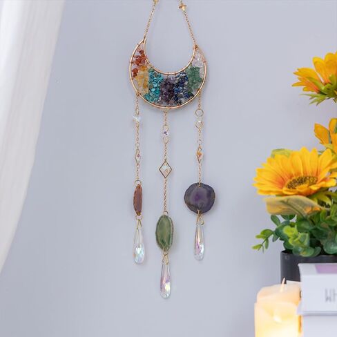 Handmade Tree of Life Stones Moon Wall Ornament Natrual Crystal Gemstones Hanging 7 Chakra Healing Crystals with Tumbled Tassel Ornament for Home Decor Yoga Meditation Gift (Moons and Circles) in Kuwait