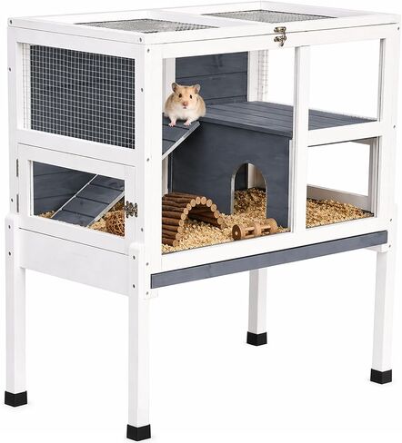 2-Story Guinea Pig Cage with Stand, Indoor Wooden Hamster Cage with Ramp, Pull-Out Tray, Hideout & Platform, Acrylic Transparent Small Animal Habitat for Chinchillas, Ferrets, Hedgehogs,Grey in Kuwait