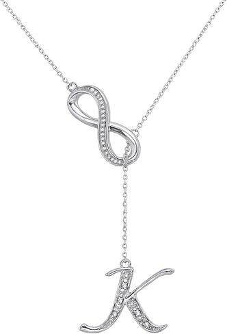 Diamond Infinity Lariat Necklace for Women in 925 Sterling Silver, Women's Silver Alphabet Pendant Necklace with Diamond Accents Available in Letters A To Z, 20" Cable Chain in Kuwait