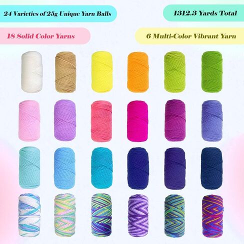 Yarniss Crochet Yarn Kits, 100% Acrylic Yarn Skeins 24x25g, Multicolor Knitting Yarn 1320 Yards with 4.0mm Crochet Hook in Kuwait