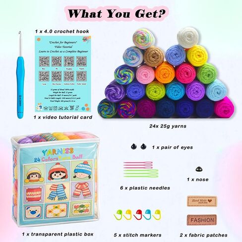 Yarniss Crochet Yarn Kits, 100% Acrylic Yarn Skeins 24x25g, Multicolor Knitting Yarn 1320 Yards with 4.0mm Crochet Hook in Kuwait